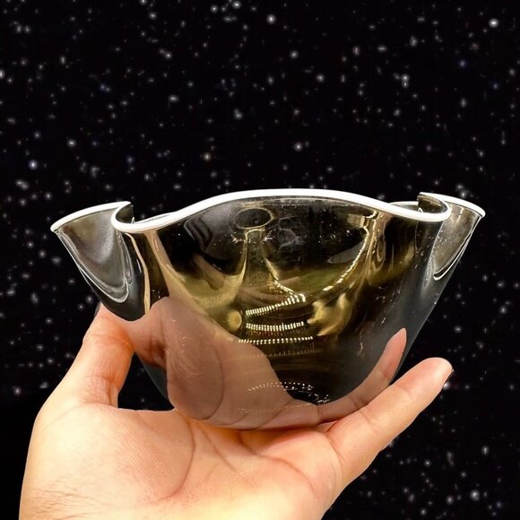 Czech Art Glass Handkerchief Bowl Smokey Olive Green White Ruffles Bohemian 3”T - Picture 7 of 12